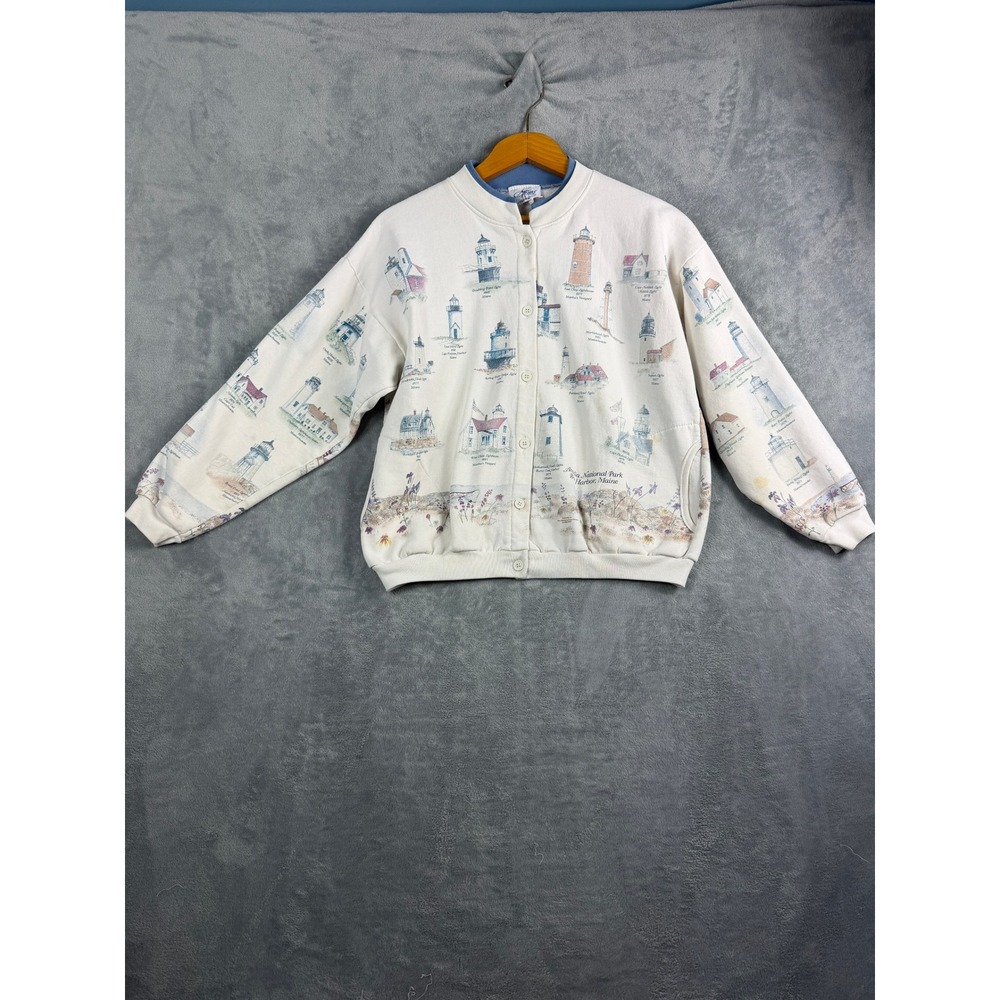 Artisans Womens XL Cream Lighthouse Print Cardigan Sweatshirt Vintage Coastal